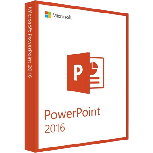 Verpackung der Microsoft PowerPoint 2016 Software mit Logo und Branding